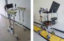 リハビリ用歩行車（左）、目の不自由な方のガイドロボット（右）（丸山）